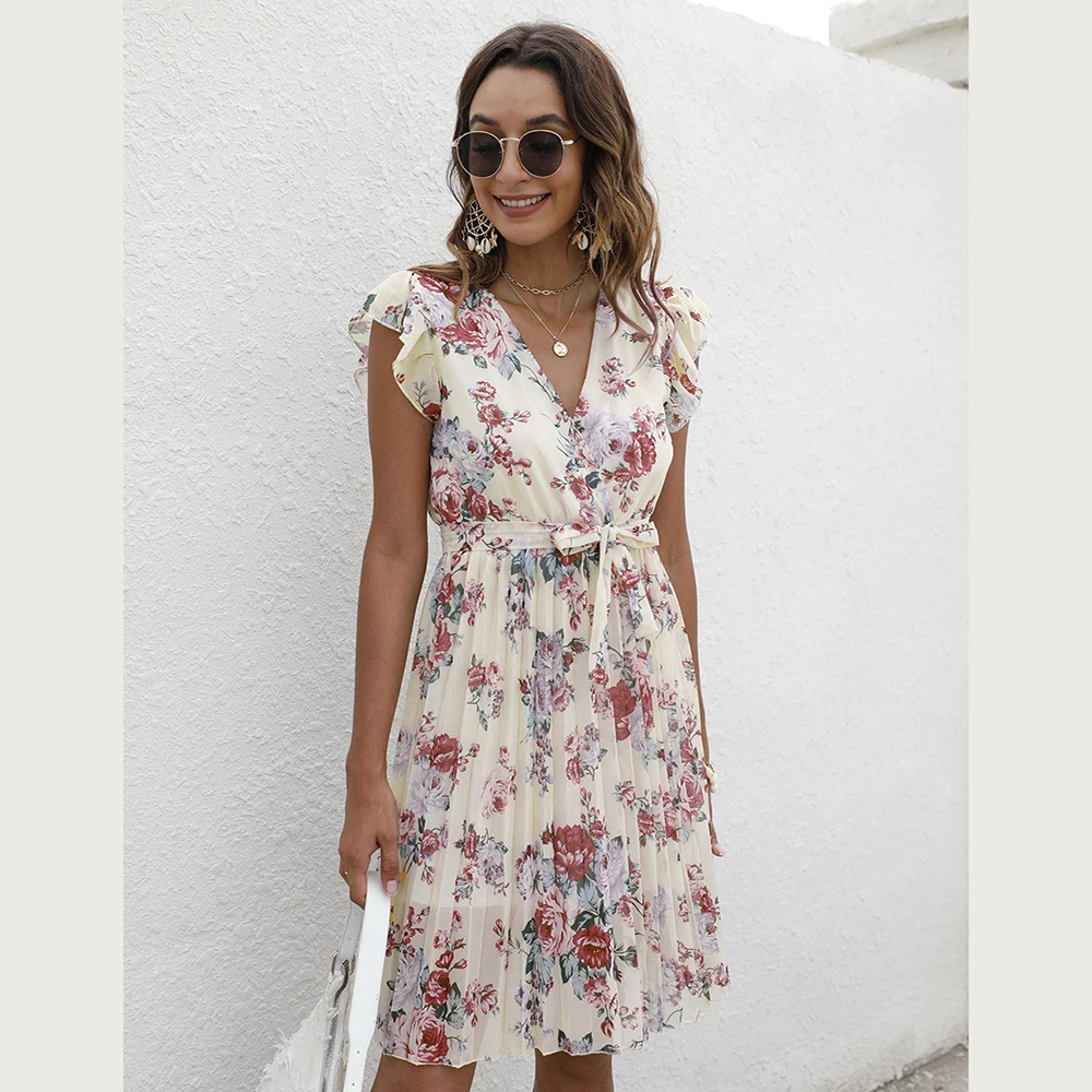 Fashion Summer Short Sleeve Women Dress 2022 New Loose Casual V-neck Flying Sleeves Waist Floral Print Pleated Dress Robe Femme casual dresses