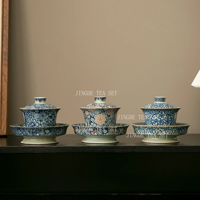 150ml Blue and White Ru Kiln Three Talents Bowl Cover Household Enamel Colored Tea Cup High End Kung Fu Tea Set with Lid