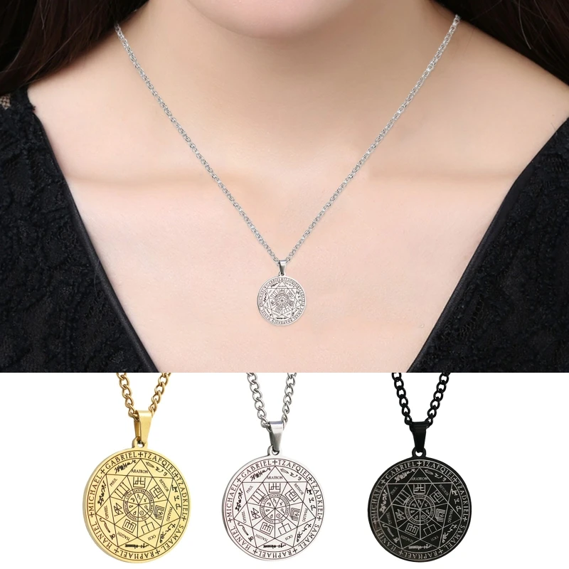 Seals of The Seven Archangels Pendant Choker Statement Silver Stainless Steel Necklace Dress Acces for Men Women N58B 100% stainless steel half moon necklace silver color gold color crescent choker steel ox horn pendant necklace collier lune