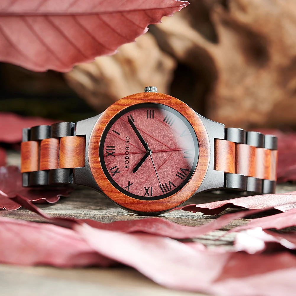 Men's Wood Watch with Genuine Leaf, BOBO BIRD Watch, Leaves Face Original Wooden Clock, Engraved Watch, Anniversary Custom Gift