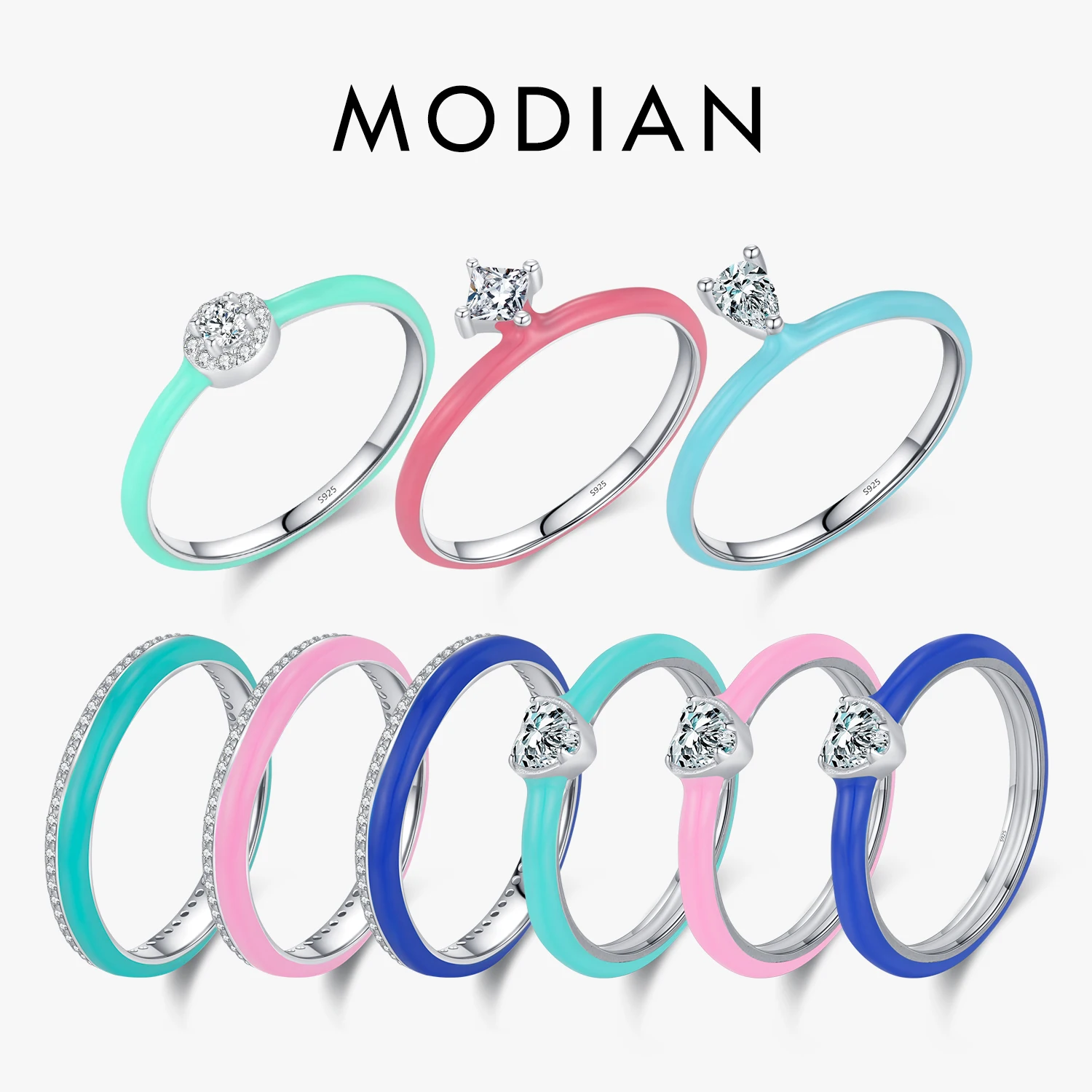 MODIAN 925 Sterling Silver Colorful Enamel Geometric Hearts Stackable Ring For Women Party Fine Jewelry Gift