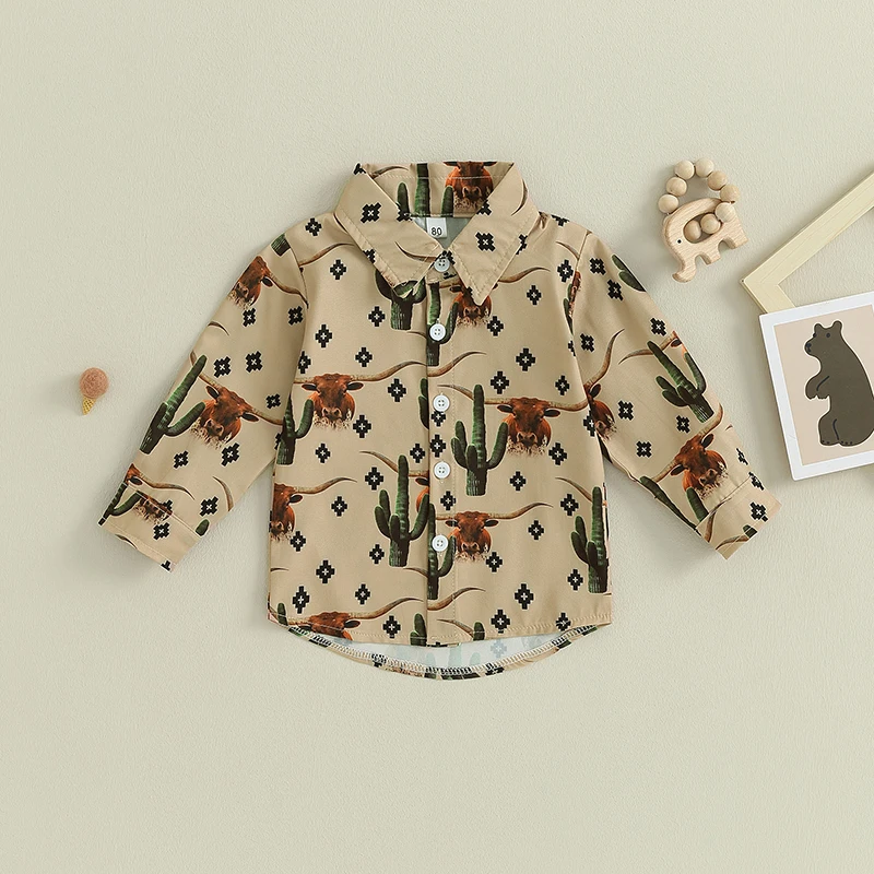 6M-4T Baby Boy Clothes Western Cow Print Shirt Long Sleeve Country Dress Shirt Tops Toddler Outfit -07-19 Lioraitiin