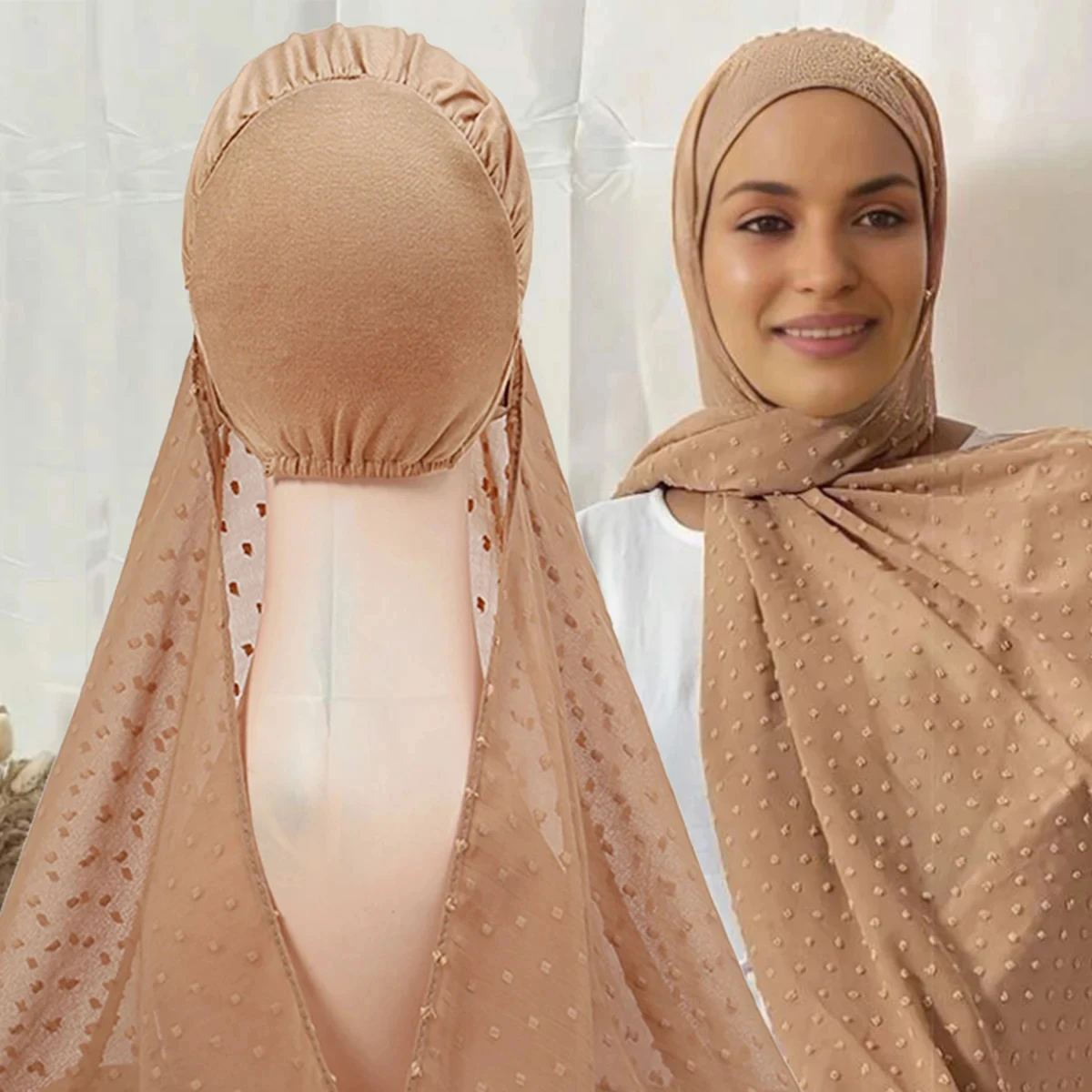 

2024 New Instant Hijabs with Cap Pom Pom Chiffon Jersey Turban Muslim Woman Veil Islamic Hijab Caps Easy to Wear Headscarf