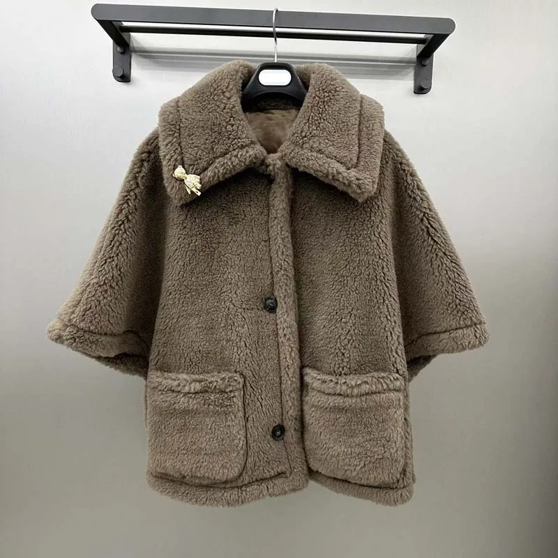 

Winter Clothes Women 2024 New Fashion Short Length Teddy Bear Cape Style Sheep Wool Alpaca Silk Single Breasted