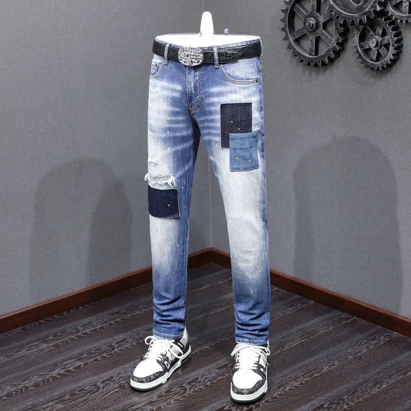 Street Fashion Men Jeans High Quality Retro Blue Stretch Slim Fit Painted Ripped Jeans Men Patched Designer Hip Hop Brand Pants