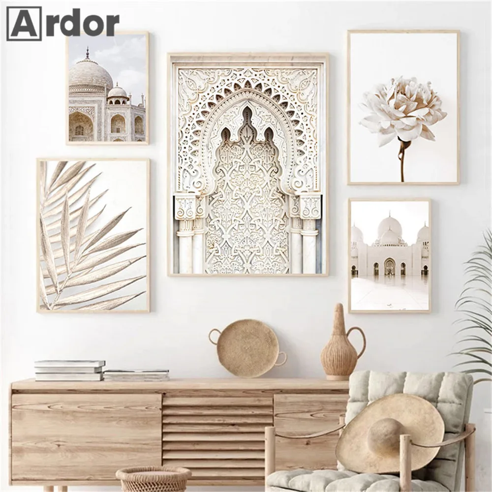 Moroccan Doorway & Pampas Grass Canvas Art - Beige Botanical Mosque Decor