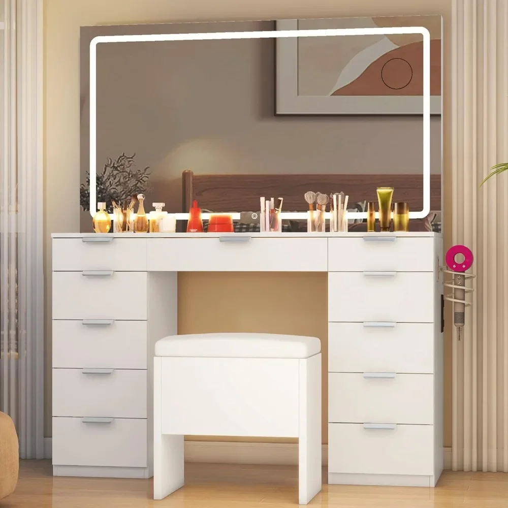 Vanity Desk Set Adjustable LED Lighted Mirror & Power Outlet Glass Top Makeup Vanity 11 Drawers Magnifying Glass Items makeup dressing table box container drawer nordic organizer Woman coiffeuse dressers