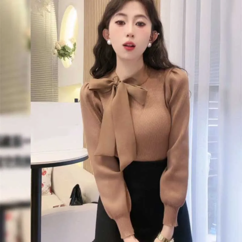 Elegant Stand Collar Solid Color Lace Up Bow Blouses Women\'s Clothing 2023 Autumn Winter Slim Korean Tops Puff Sleeve Shirts