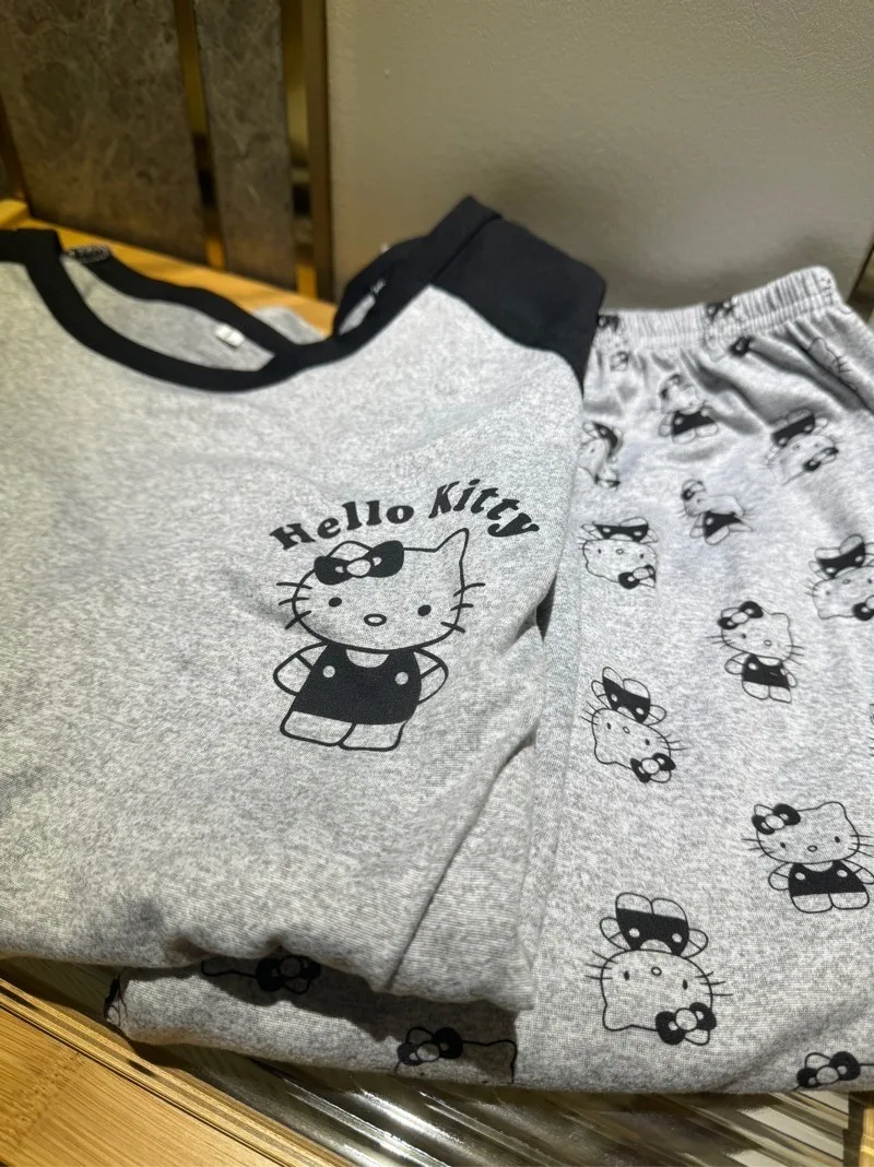 캐주얼 헬로 키티 용수철 긴팔 잠옷 세트, 블랙 그레이 컬러, 긴 잠옷 세트, 겨울 따뜻한 홈웨어 잠옷, 가을 신상