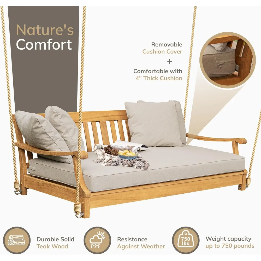 Teak Wood Porch Swing Bed, Spacious Outdoor Swing Daybed with Comfortable Oyster Cushion – Ideal for Patio, Porch, or Backyard 4