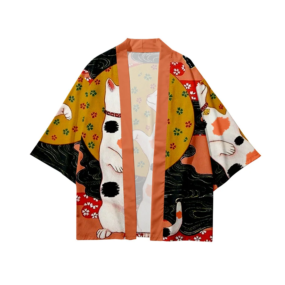 Streetwear Cardigan Demon Samurai Cat Print Shirt Japanese Kimono Haori Yukata