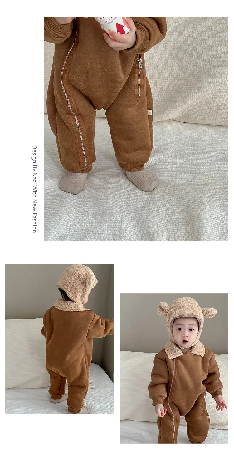 Description Picture 4 of itemWinter Baby Rompers Fur Lining Girls Jumpsuits Turn Down Colalr Boys Warm Outfit With Hat