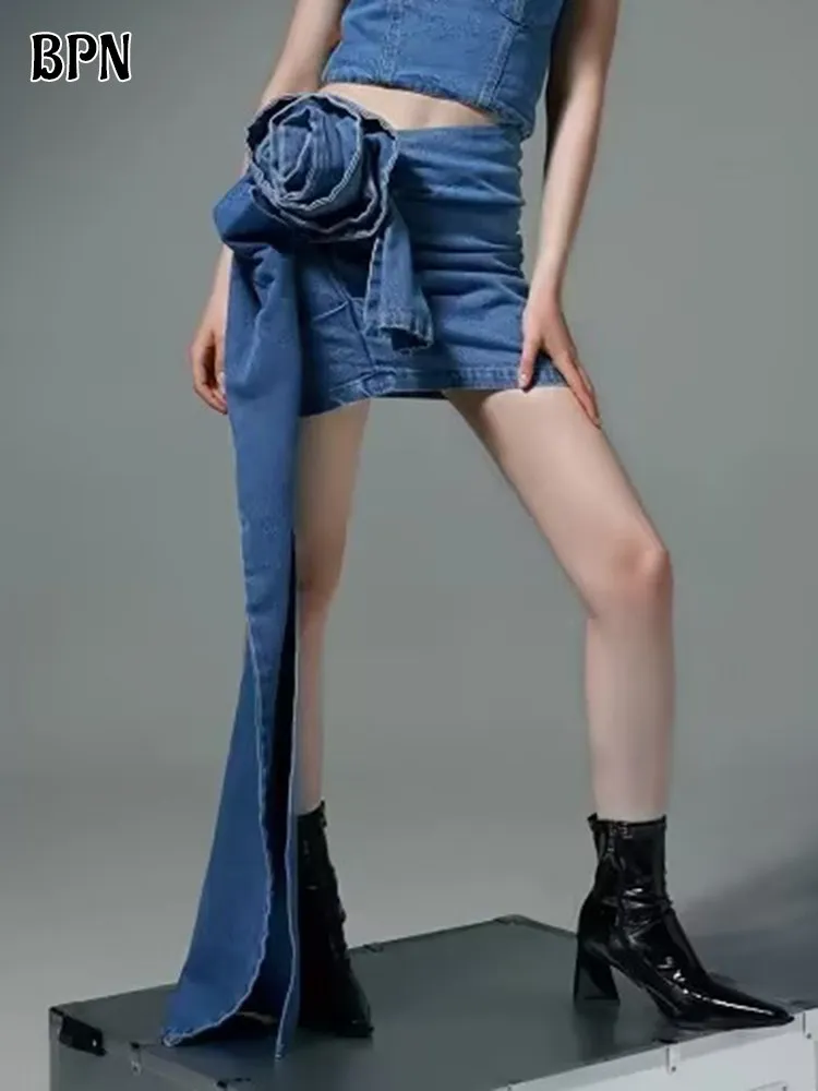 BPN Fashion Patchwork Appliques Skirts For Women High Waist Solid Slimming Temperament Mini Denim Skirt Female Clothes New Style high waisted wide leg jeans women s fall 2023 fashion temperament versatile wisps of hollow lace panels denim draped pants