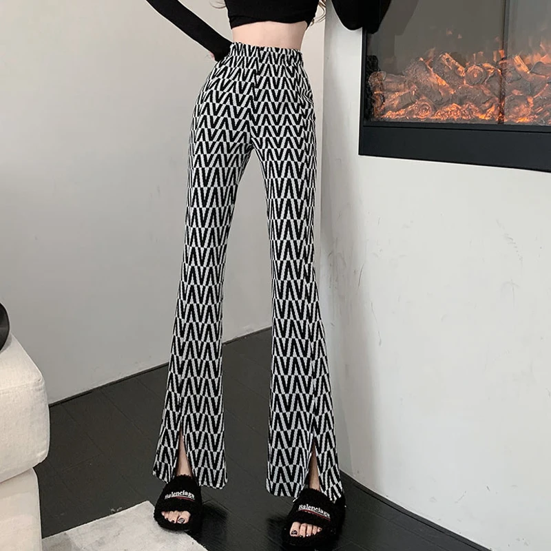 Women High Waist Geometric Print Flare Leggings Summer Flare Pants Fashion Bodycon Trousers Bell Bottom Split Ins Korea Leggings