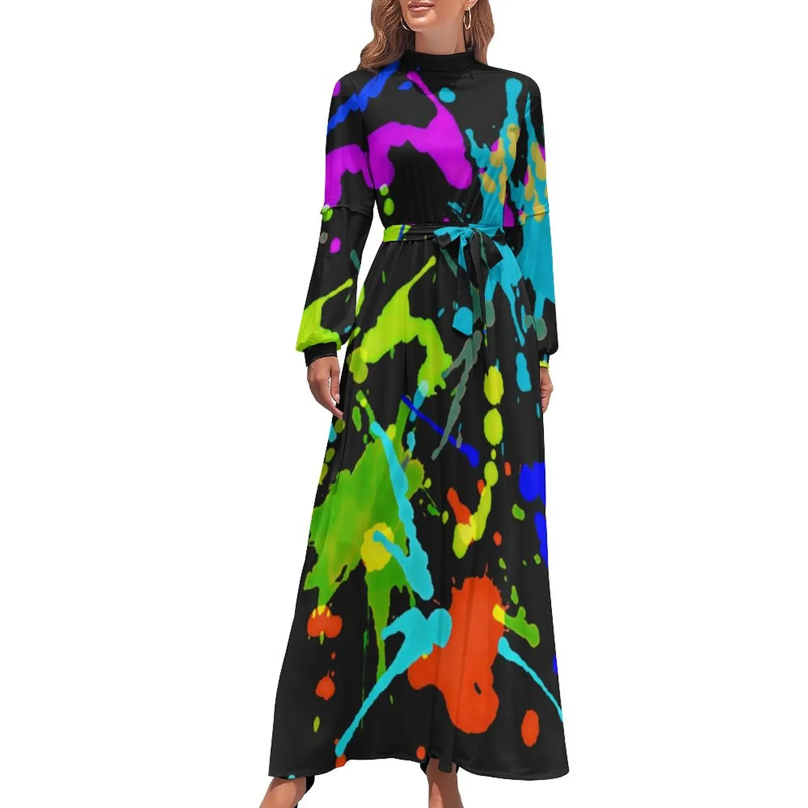 

Abstract Rainbow Dress High Neck Paint Fight Print Graphic Beach Dresses Long Sleeve Streetwear Long Maxi Dress Sexy Clothing