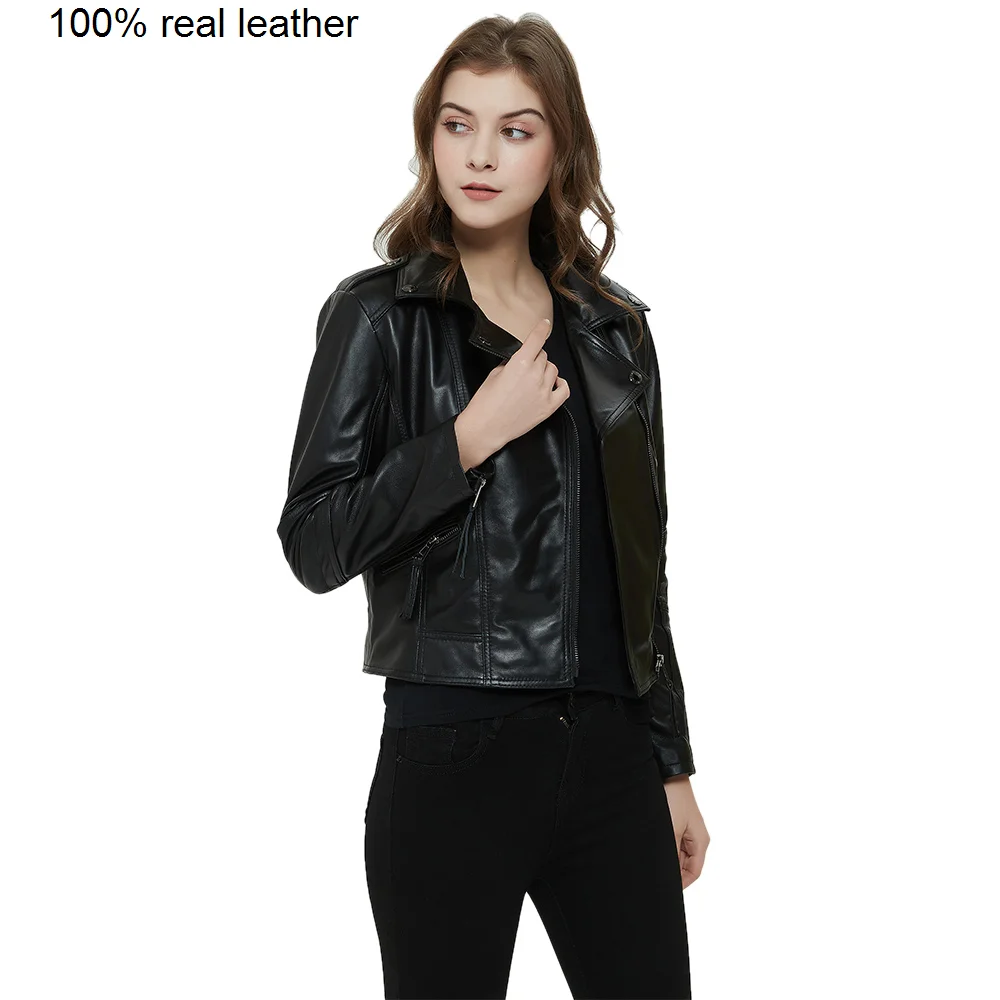 

Women Genuine Leather Jacket 100% Soft Sheepskin Female Natural Skin Coat Autumn Spring Asian Size 4XL M598