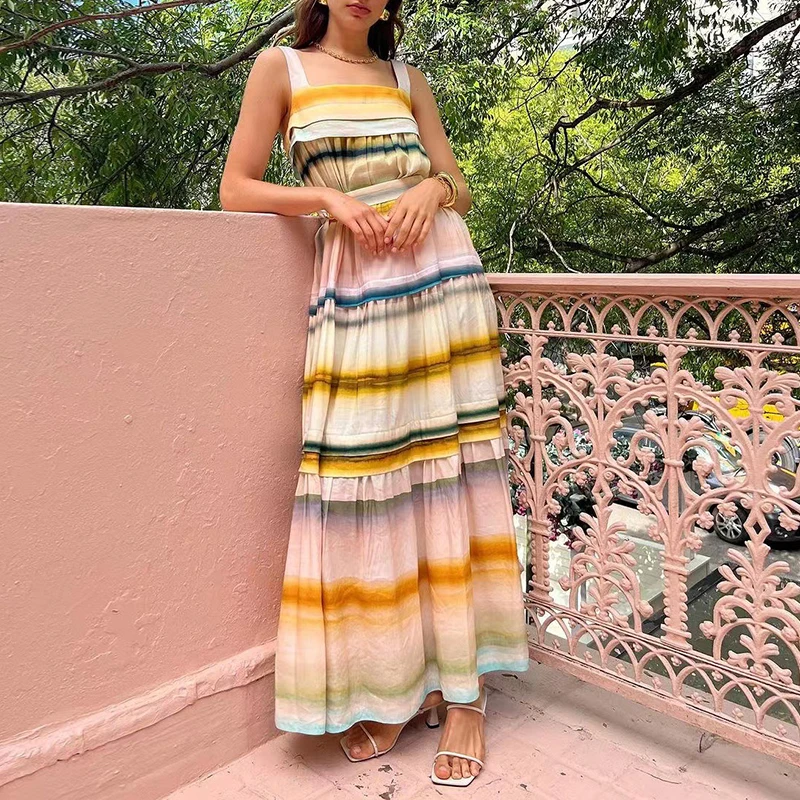 

Elegant Backless Holiday Boho Pleated Dress Women Square Collar Sleeveless Dress Fashion High Waist Tie-Dye Suspender Long Dress