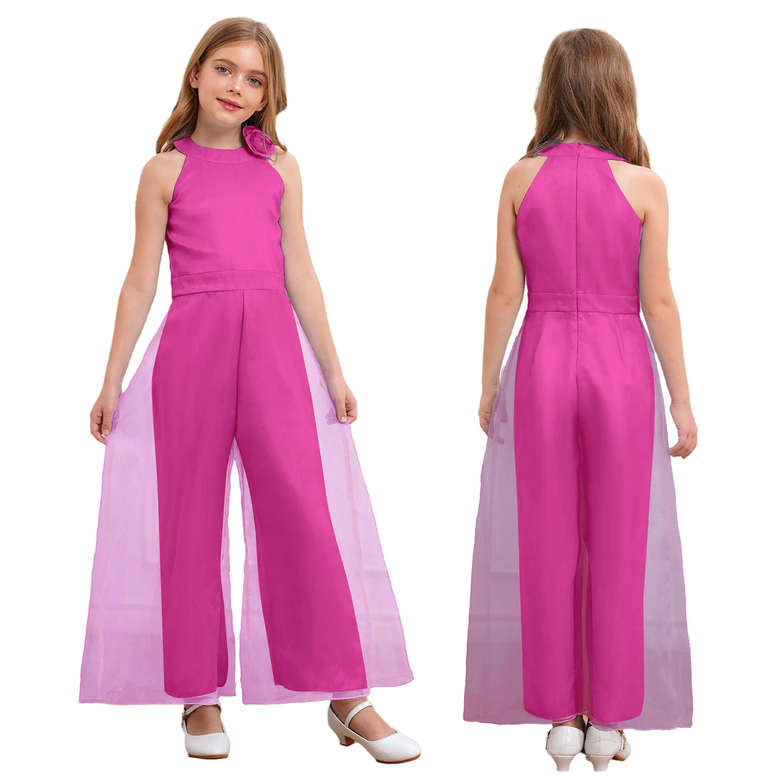 Kinder Mädchen Elegante Party Blume Brosche Strampler Abend Hochzeit Geburtstag Body Neckholder Ärmellose Breite Bein Hosen Overall – Detail 21
