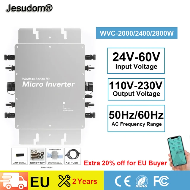 Micro Onduleur Connecté au Réseau, 2000/2400/2800W, Entrée Longue, 22-60VDC  à 120/230 ylique