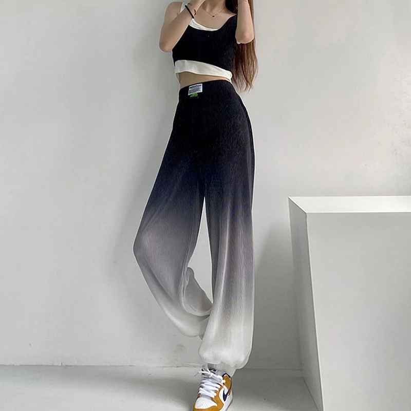 그라데이션 플리츠 아이스 실크 캐주얼 바지 여성 여름 얇은 루즈핏 스트레이트 레그 타이 하렘 바지 슬리밍 슬림 피트 트렌디