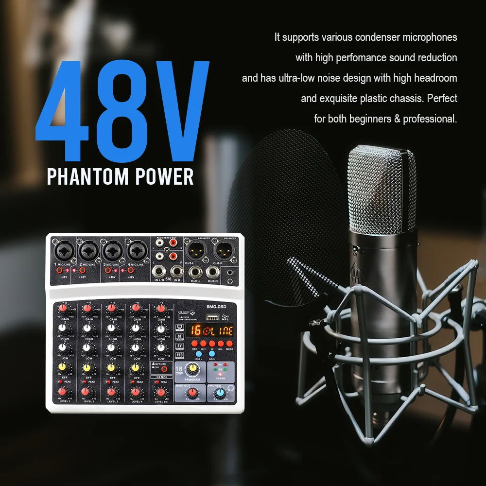 BOMGE Wireless 6 Channel Audio Mixer Portable Mixing Console USB Interface Sound Card With 16 DSP Echo 48V Phantom Power audio mixer