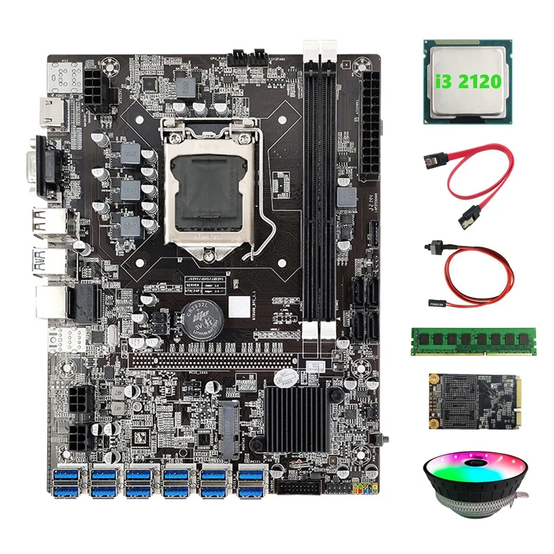 B75 BTC Mining Motherboard 12 USB+I3 2120 CPU+RGB Fan+DDR3 4GB 1600Mhz RAM+128G SSD+Switch Cable+SATA Cable Motherboard mother board gaming pc