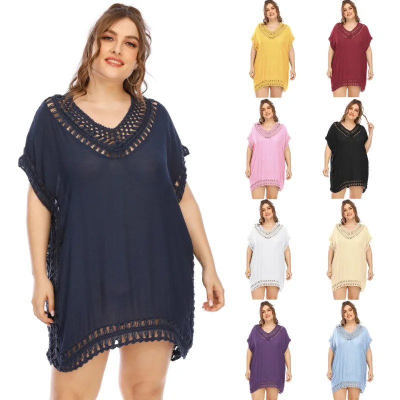 Resort style women's V-neck hand hook stitching cover-up 2024 summer popular sexy hollow loose beach cover-up dress