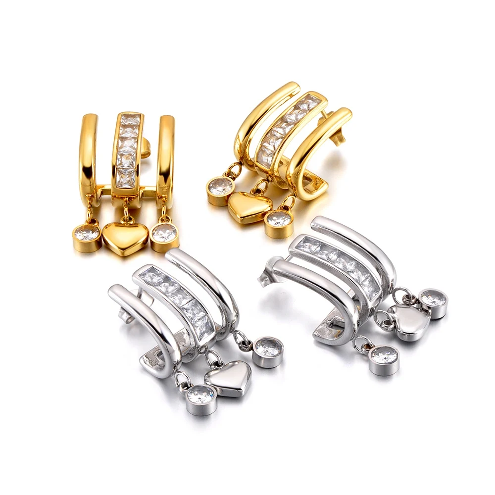 JeeMango Chunky Edelstahl-Ohrstecker in Goldfarbe mit Herz-Motiv für Damen, runder Zirkon-Tropfenohrring, Schmuck, Statement-Geschenk, E26059 – Detail 3