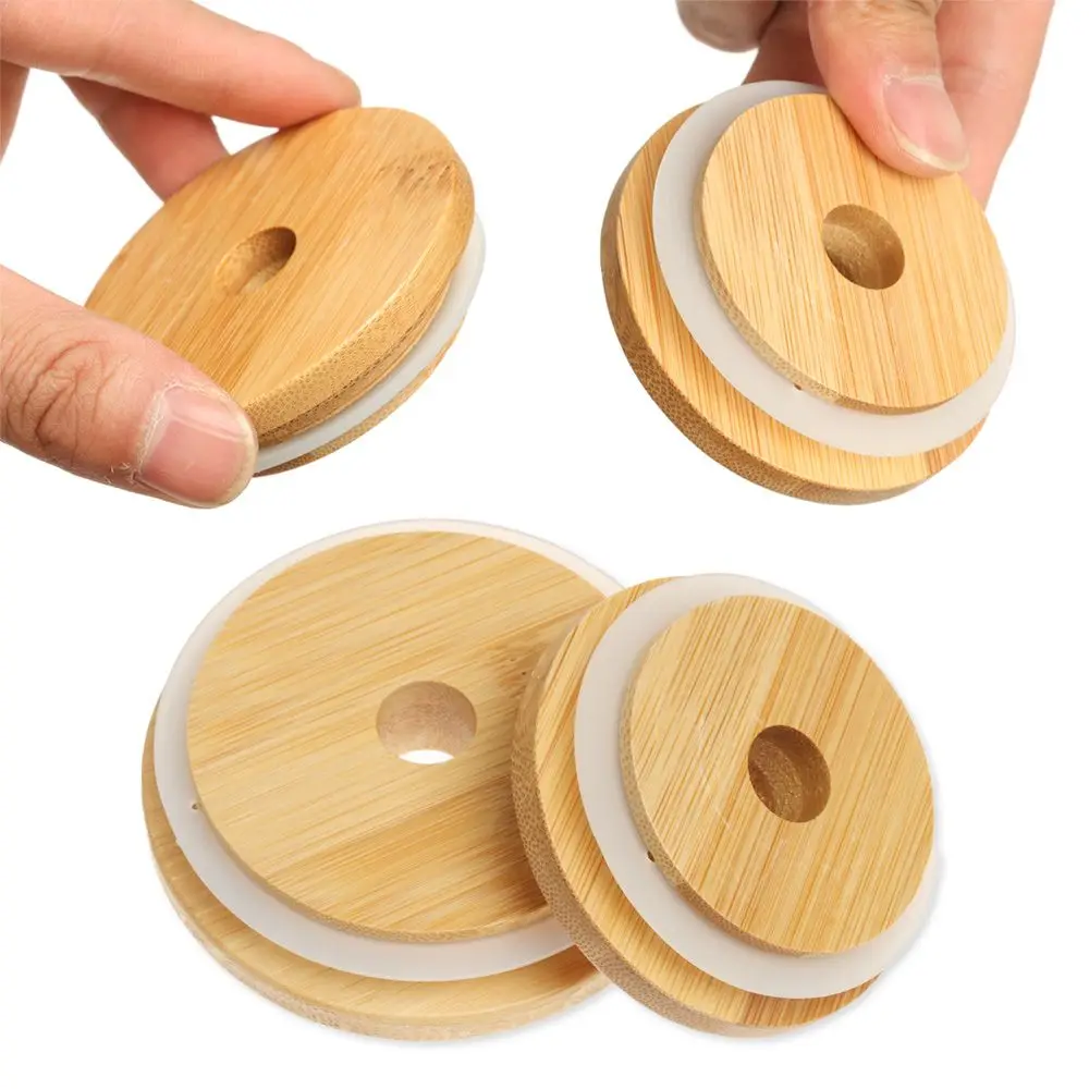 Reusable Covers Caps Storage Bottles Wide Mouth Cup With Straw Hole Mason Jar Lid Bamboo Wood Lids