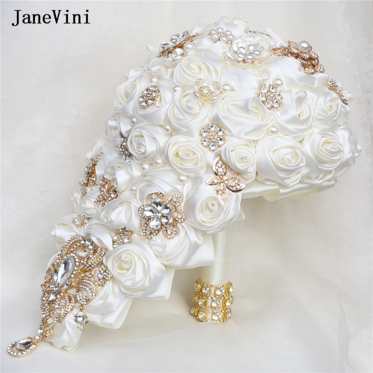 

JaneVini Luxury Crystal Waterfall Bridal Bouquets Artificial Ivory Satin Roses Flowers Cascading Bouquet Accessories for Bride