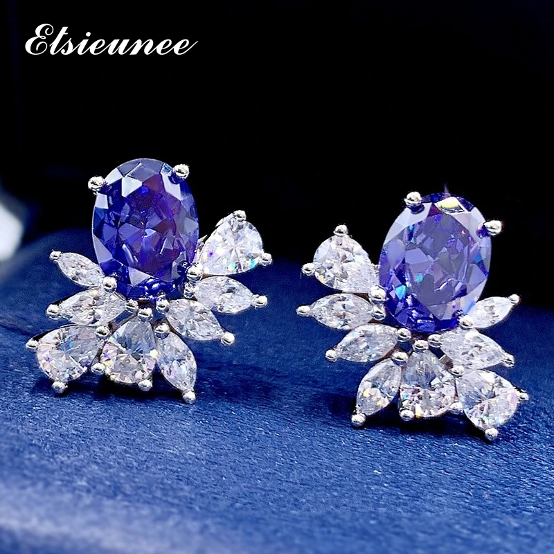 

ELSIEUNEE Vintage 925 Sterling Silver Oval Tanzanite Ruby Simulated Moissanite Diamond Ear Stud Earrings Fine Jewelry Wholesale