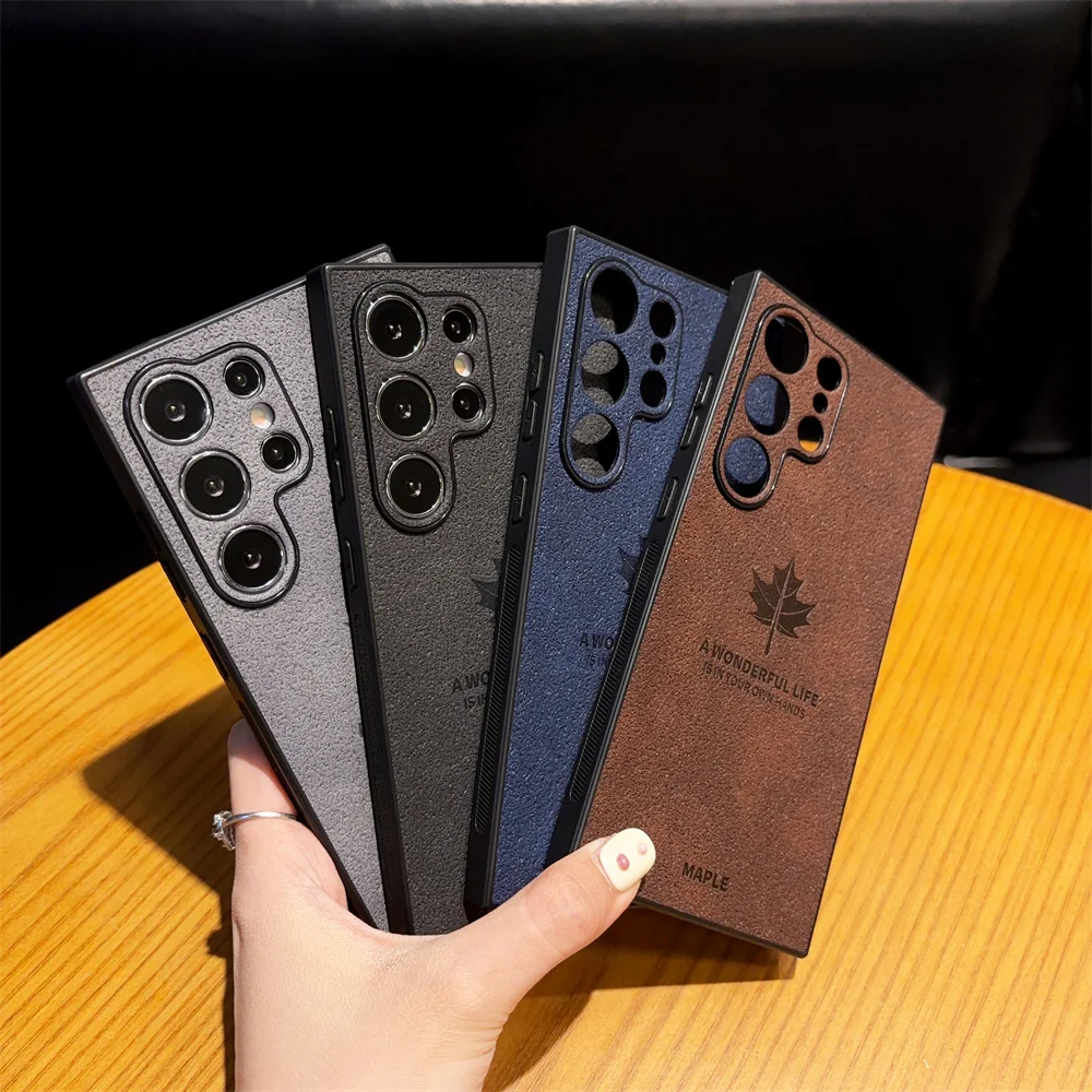 Elegant Maple Leaves Leather Phone Case with Slim Shockproof Design and Lens Protection
