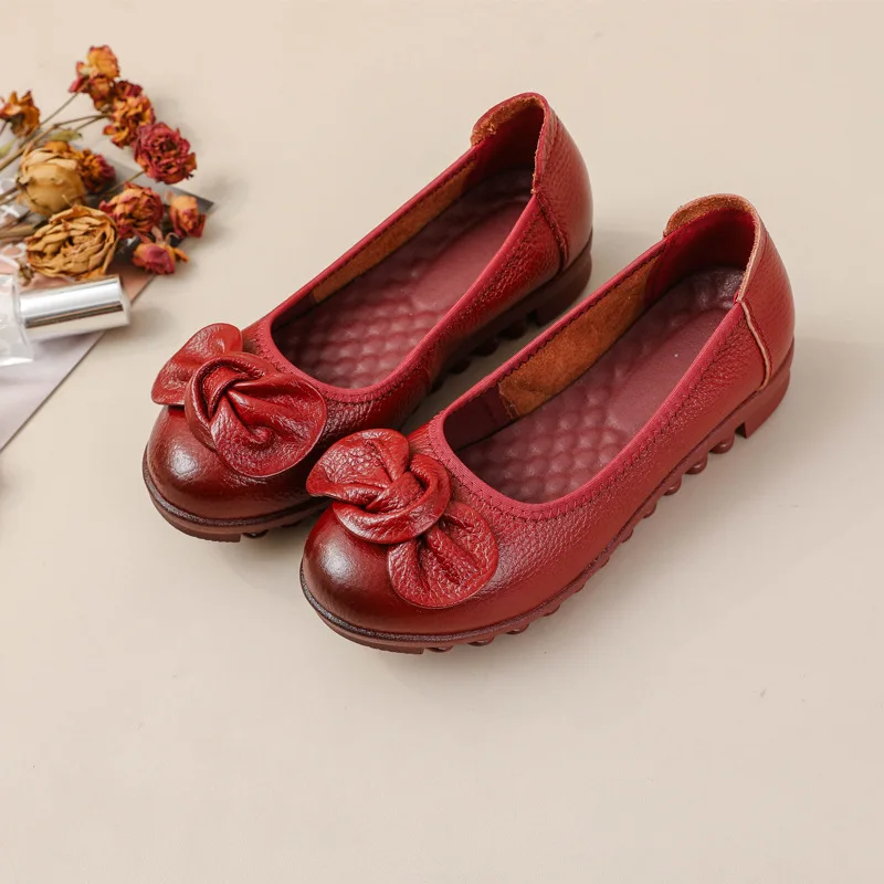 

Classic Genuine Leather Dance Shoes Women's Fashion Slip on Flat Wokr Shoes Round Toe Bow Ballet Flats Woman Lug Sole Moccasins