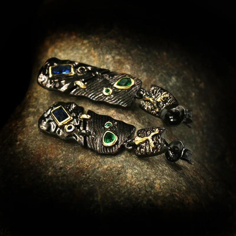 Exquisite Ethnic Style Two-tone Black Gold Irregular Geometric Ladies Earrings 925 Silver Italian Handmade Jewelry Geometric Earrings Silver Jewelry