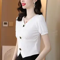 Elegant Women All-match Irregular T-shirt Summer Tees French Fashion Office Lady Solid Chic Cross Button Short Sleeve Slim Tops - Image 3