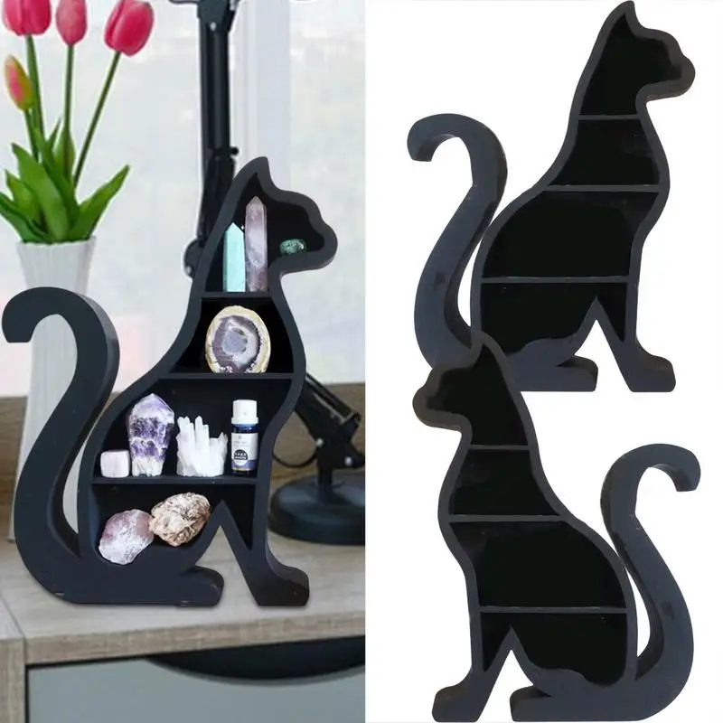 

Black Cat Shape Crystal Shelf Display Standing Rack Sundries Jewelry Cosmetics Stationary Jars Essentials Holder Home Decor