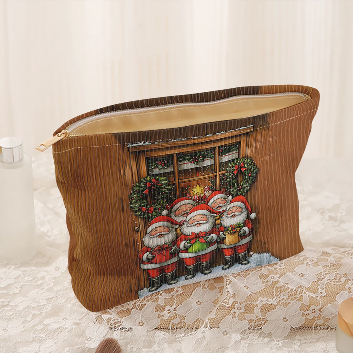 1 Christmas themed corduroy makeup bag, lightweight zipper makeup storage box, multifunctional bag with lining