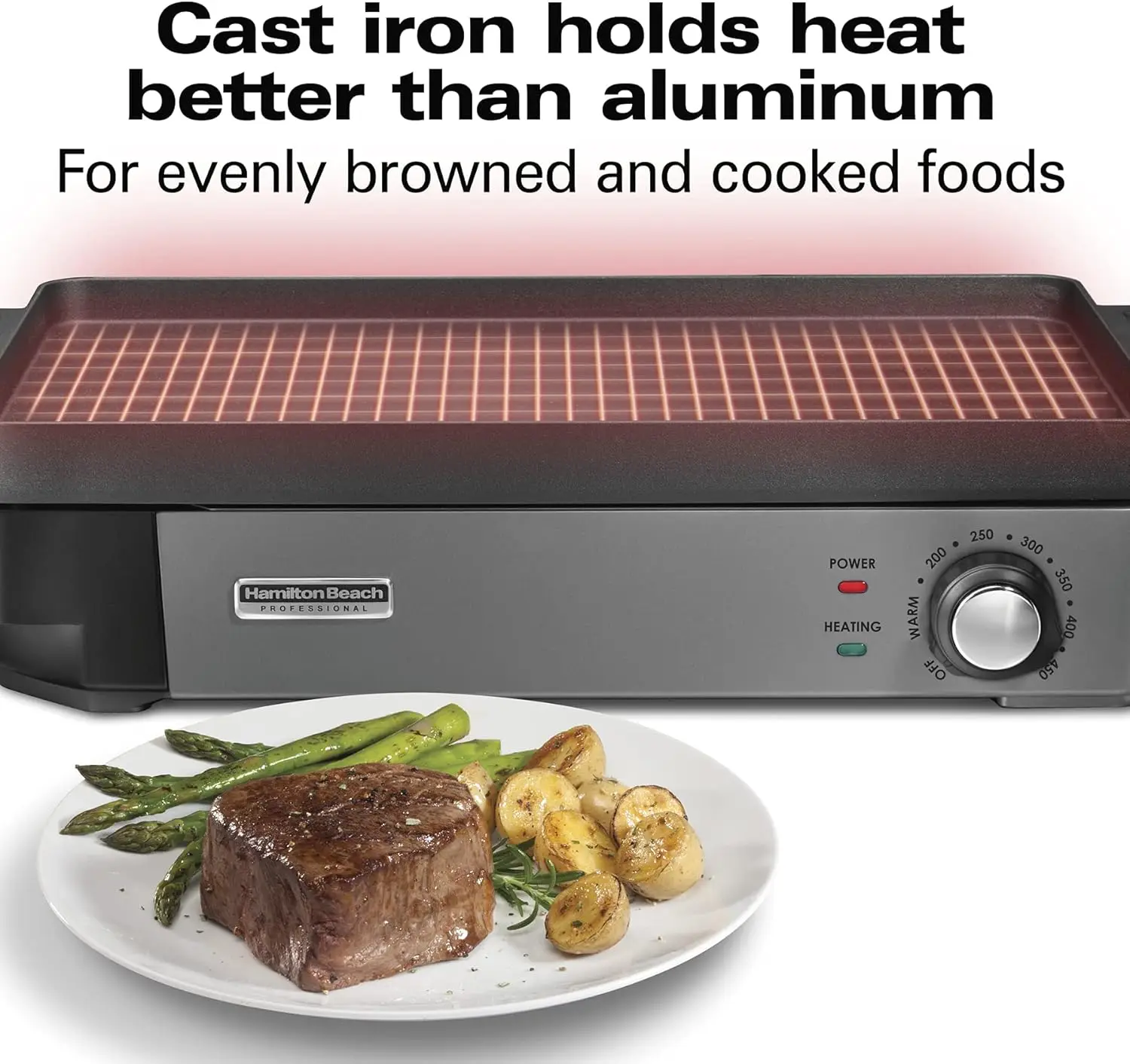 Beach Professional Cast Iron Indoor Electric Grill & Griddle, 10" x 16" Preseasoned Cooking Surface, Adjustable Temperature up t 5