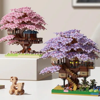 DIY Purple Romantic Cherry Blossom Flower Pink Tree House Train Assembly Building Blocks Classic Model Bricks Sets Kid