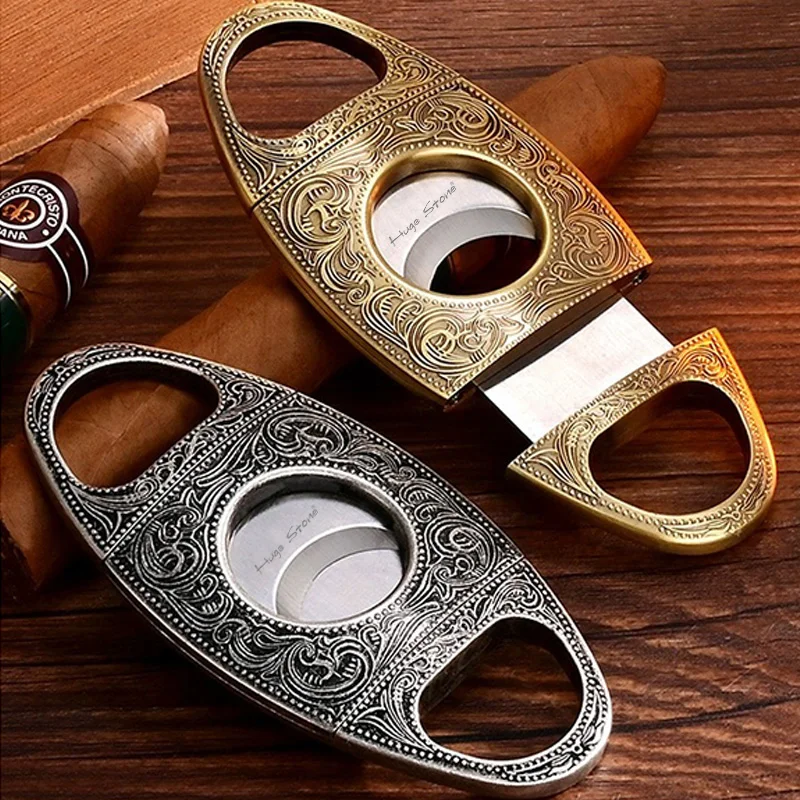 Cigar Cutter Stainless Steel Double Cut Cigar Punch Floral Engraving Cutters For Men-Engrave cigar cutter cigar tools