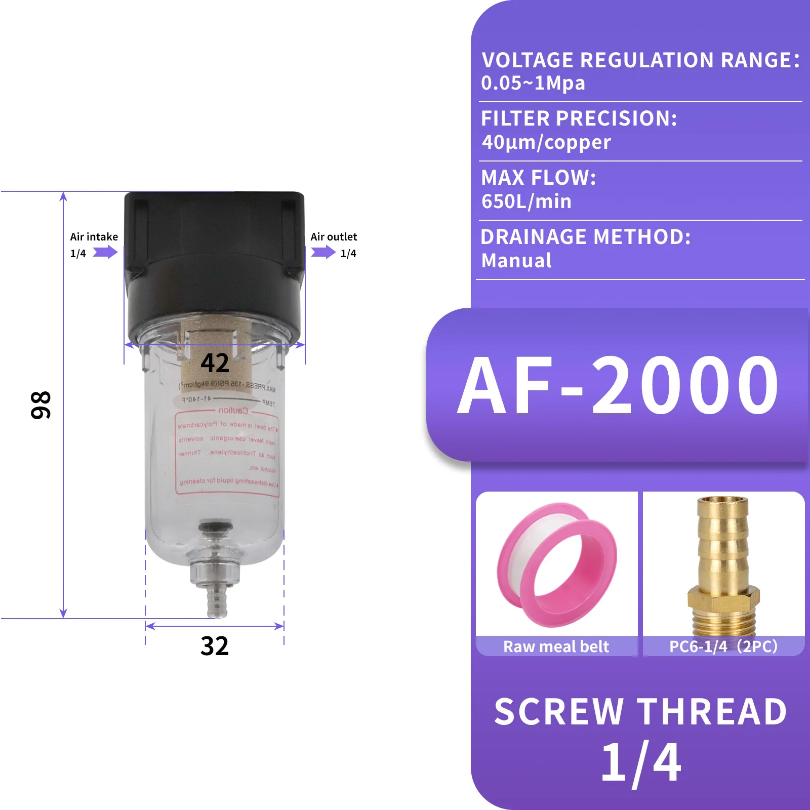 Filtro de ar AF2000 de 1/4 de polegada, um separador para filtrar umidade e impurezas no ar