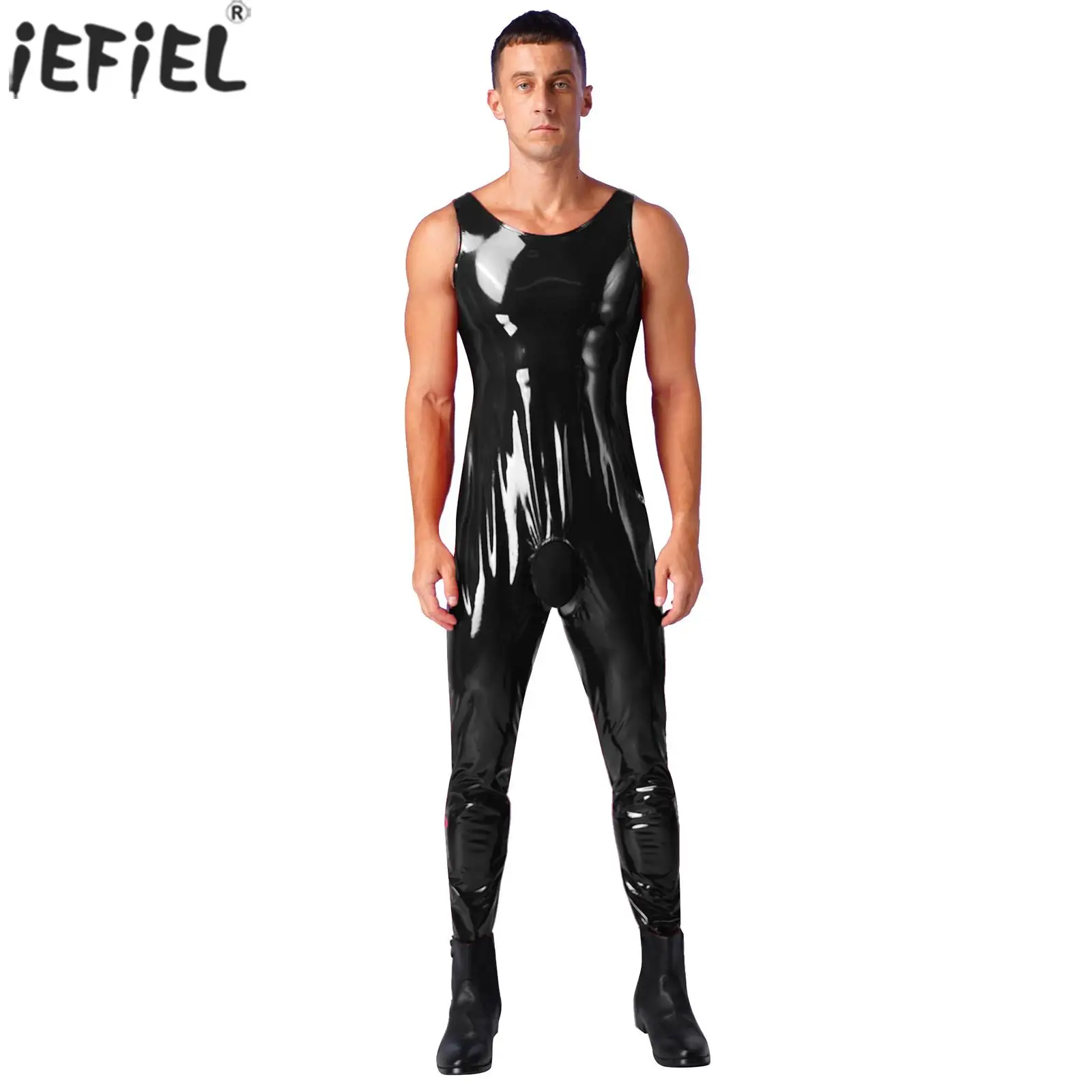 

Mens Open Crotch Bodysuit Underwear Shiny Wet Look Patent Leather Catsuit U Neck Sleeveless Crotchless Leotard Jumpsuit Clubwear