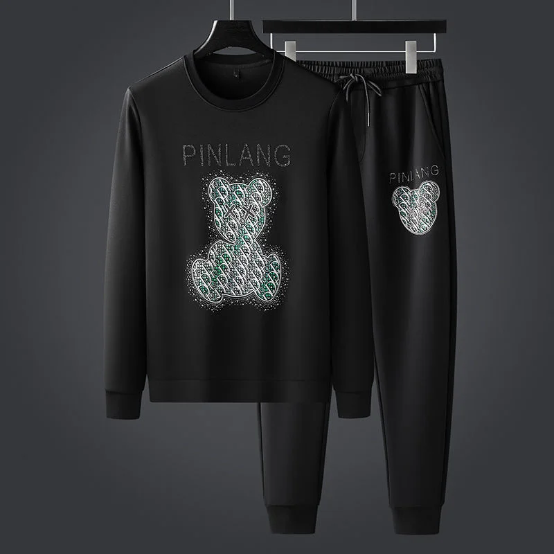 

Luxury brand High end men's fashion bear hot drilling bodysuit two-piece autumn casual sports suit