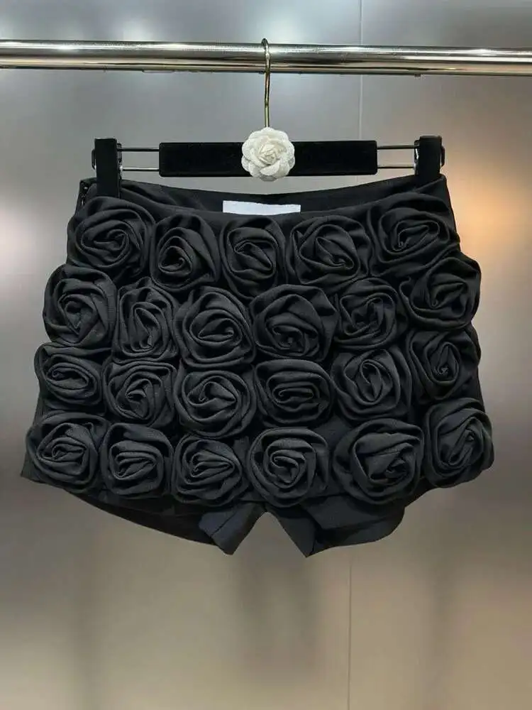 DEAT Women's Skirts 3D Rose Pink Red Black Flowers Slim High