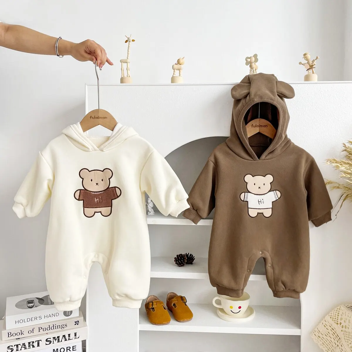 Baby Clothes Bear Hooded Jumpsuit Winter Warm Thick Long Sleeved for Boys Girls 0-24 Months Old