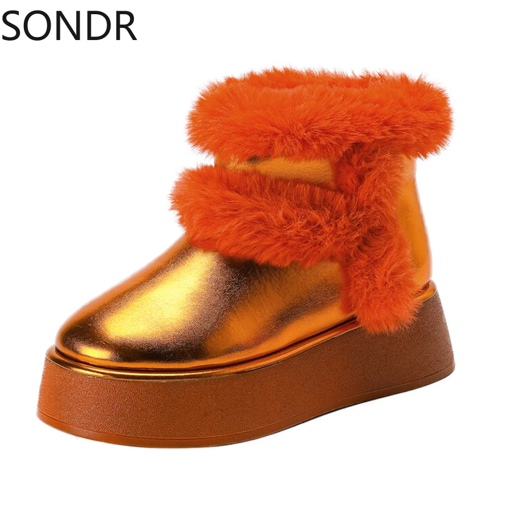 

Womens Fur Furry Ankle Boots Platform Mirror Bling Snow Warm Winter Shoes 4Colors Luxury New 2023