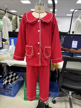 Abbigliamento per bambini Bambini Neonate Pigiama Set Rosso con volant Trim abbottonato Camicie a maniche lunghe Top Pantaloni Pigiama Indumenti da notte