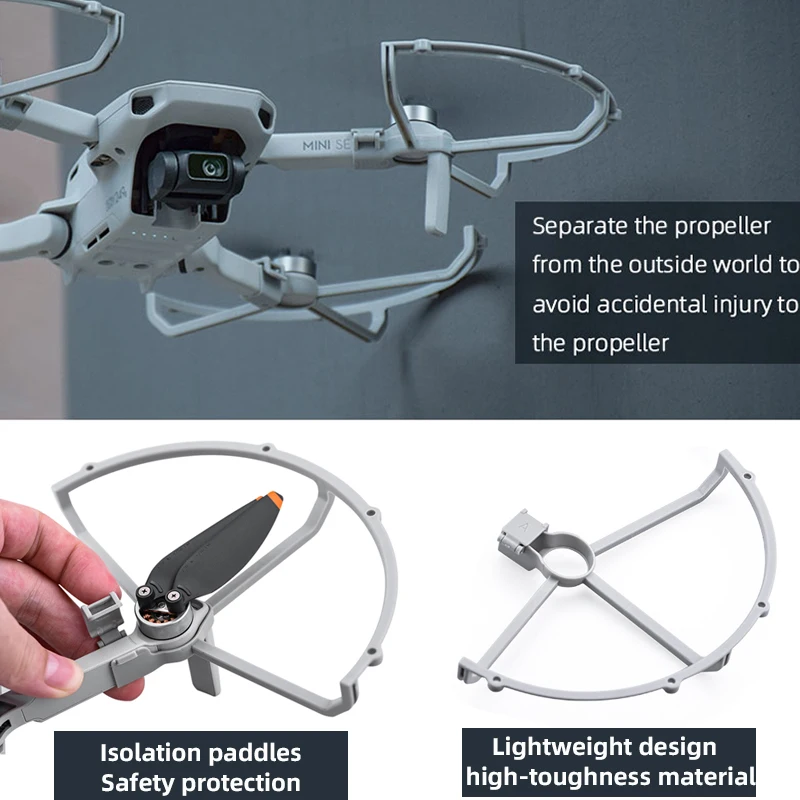 Protège-hélices gris clair installé sur un DJI Mini, garantissant sécurité et légèreté