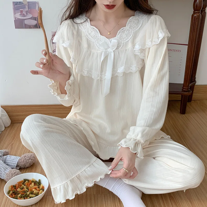 Cotton Sleepwear Lace Court Style Pajamas Women Spring Cute Pyjamas Long Sleeve Pijama Female Set Negligee Pullover Pajamas