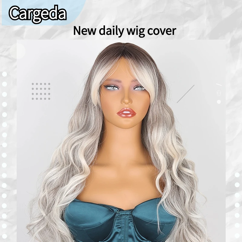 

New Big Wavy Wig For Women With Eight-character Bangs Long Daily Gradient Gray Long Curly Hair High-temperature Silk Full